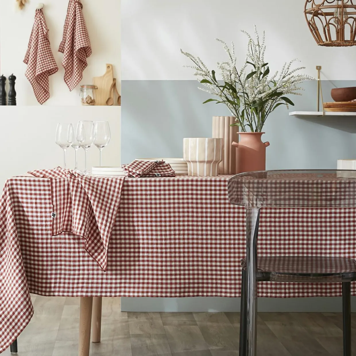 Nappe rectangulaire gaze de coton (150 x 350 cm) Gaïa vichy Terracotta
