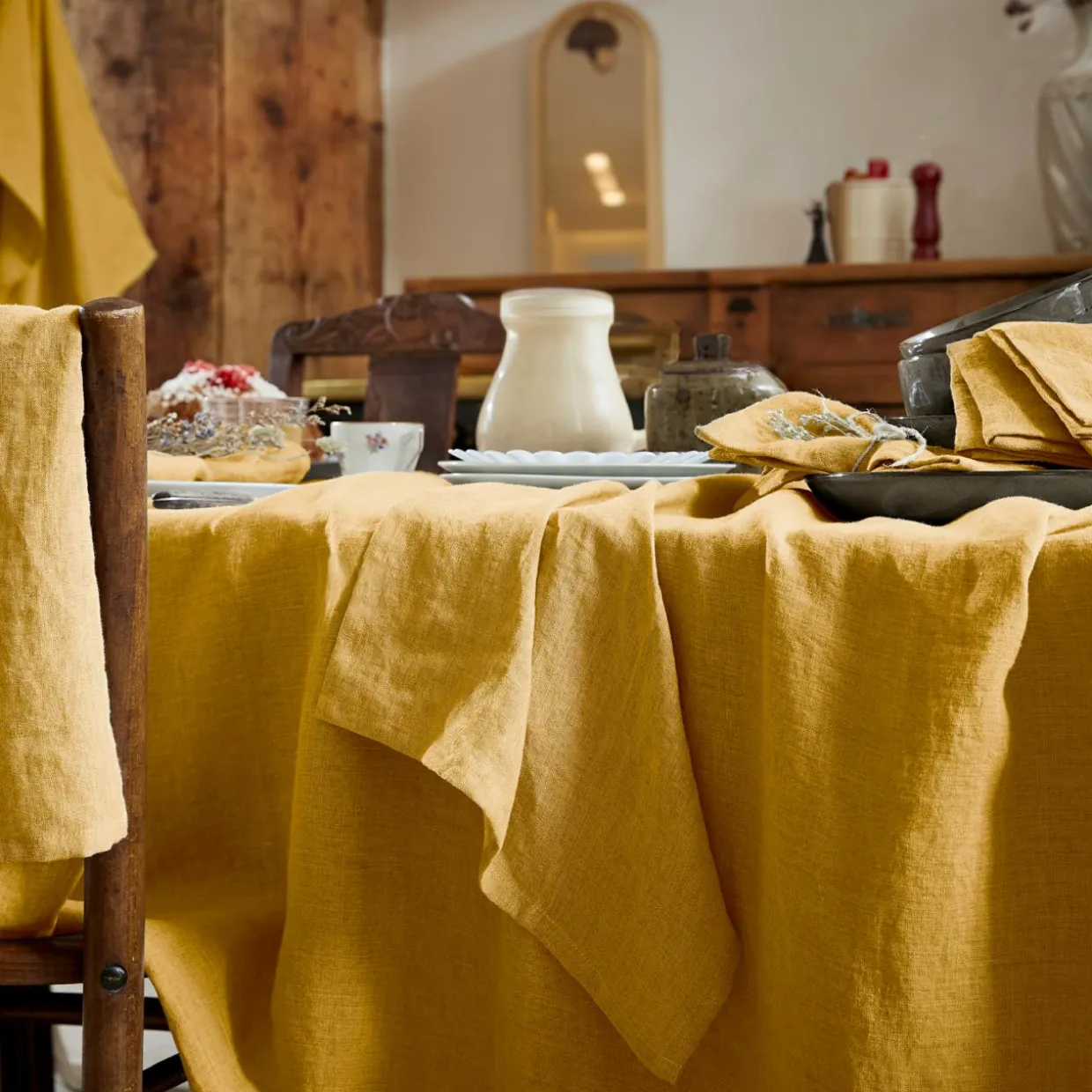 Nappe rectangulaire lin lavé (170 x 350 cm) Louise Jaune moutarde