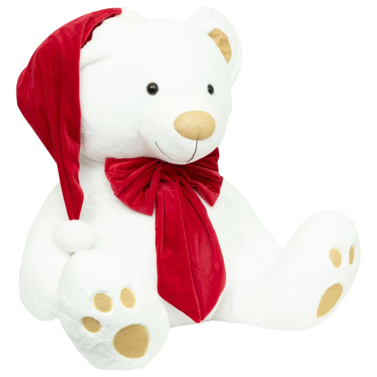 Ours en peluche (H100 cm) Jules et nœud velours Blanc et rouge