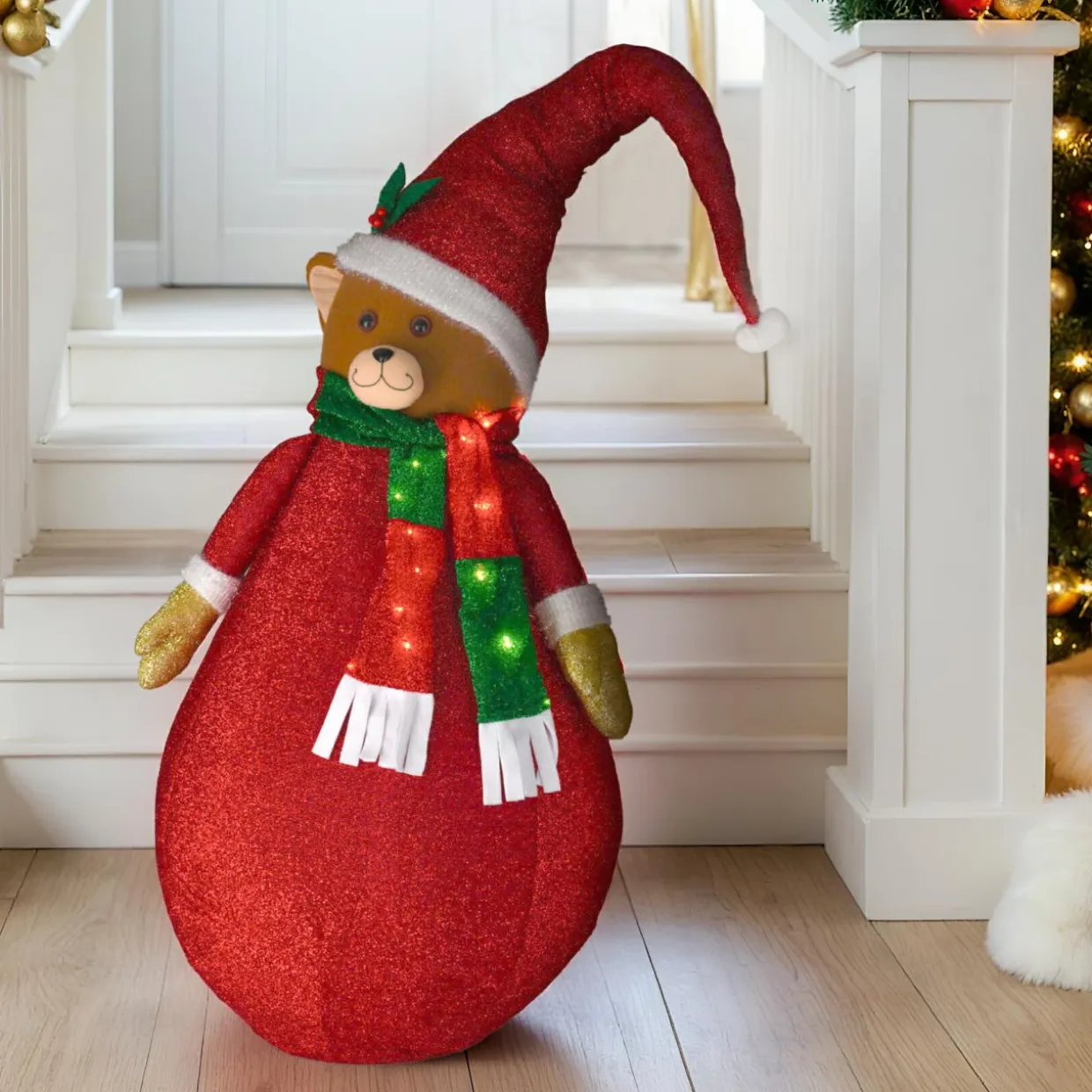 Ours lumineux à piles (H120 cm) Pliable Rouge pailleté