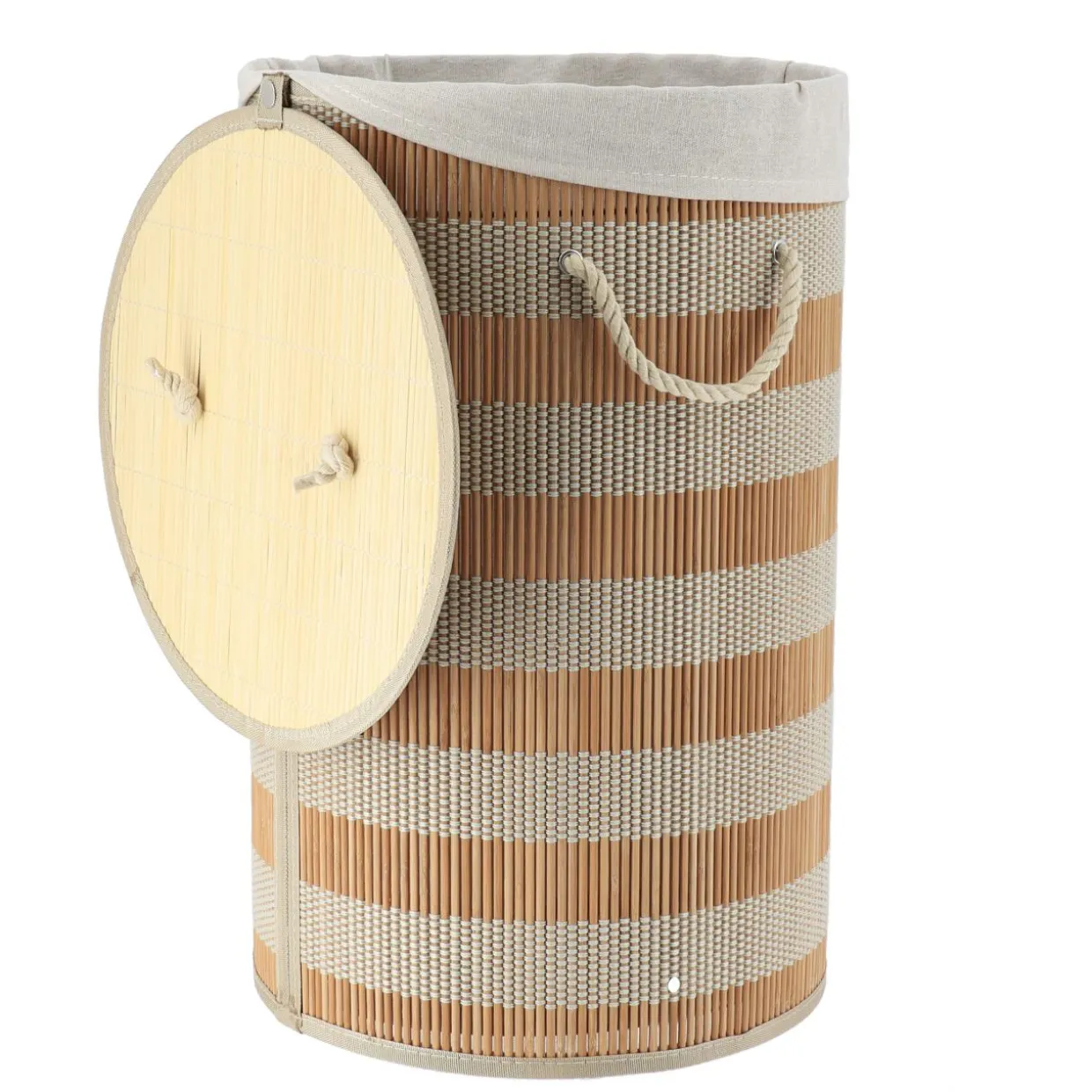 Panier à linge rond et pliable (H55 cm) Bambou Naturel et beige