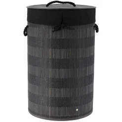 Panier à linge rond et pliable (H55 cm) Bambou Noir et gris