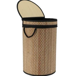 Panier à linge rond et pliable (H55 cm) Damier Noir et naturel