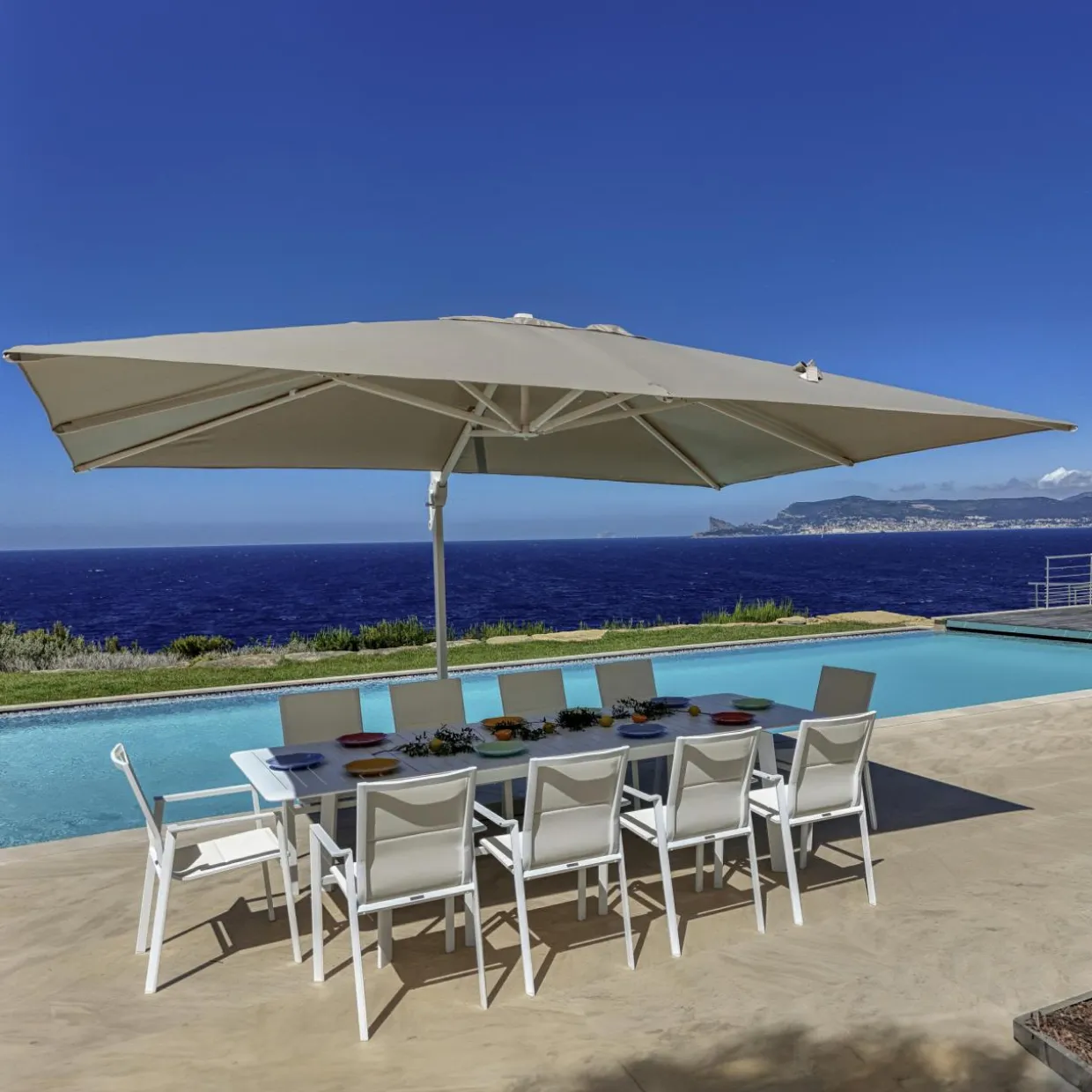Parasol déporté rectangulaire aluminium (4 x 3 m) Yucatan Blanc et taupe