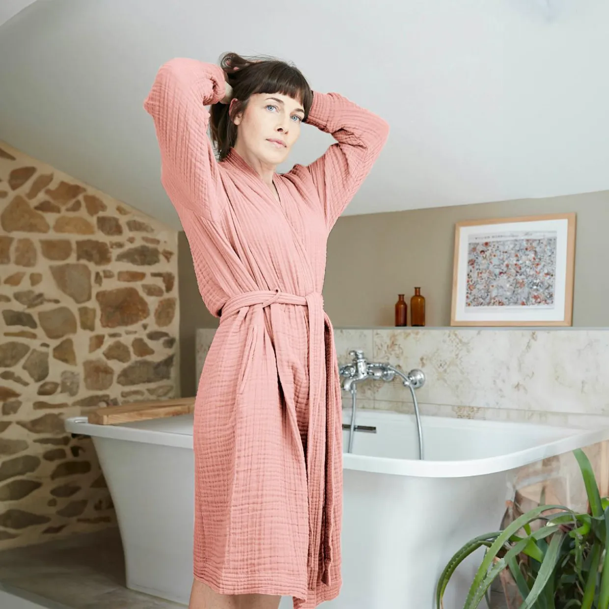 Peignoir de bain gaze de coton S/M Gaïa Rose pêche