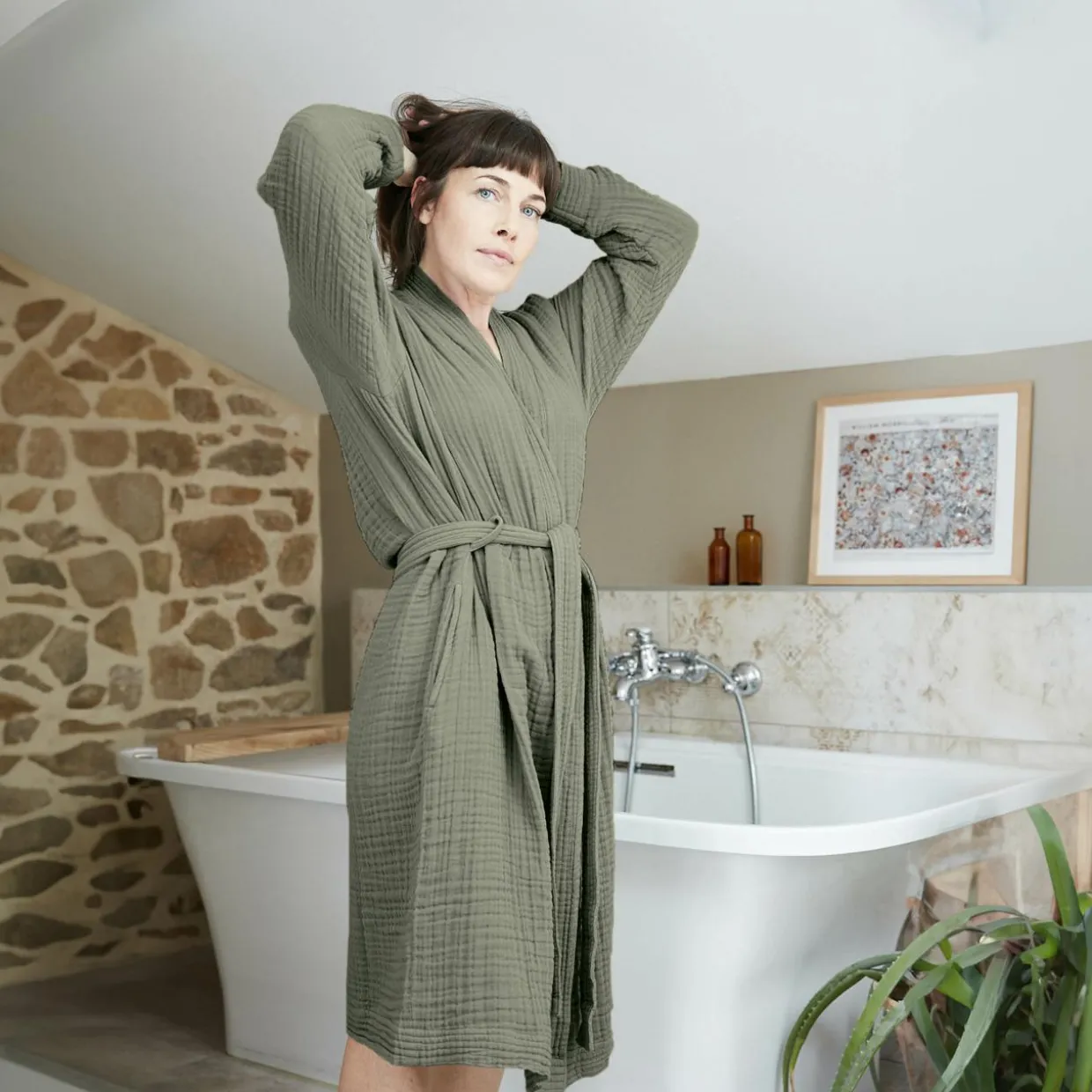 Peignoir de bain gaze de coton S/M Gaïa Vert romarin