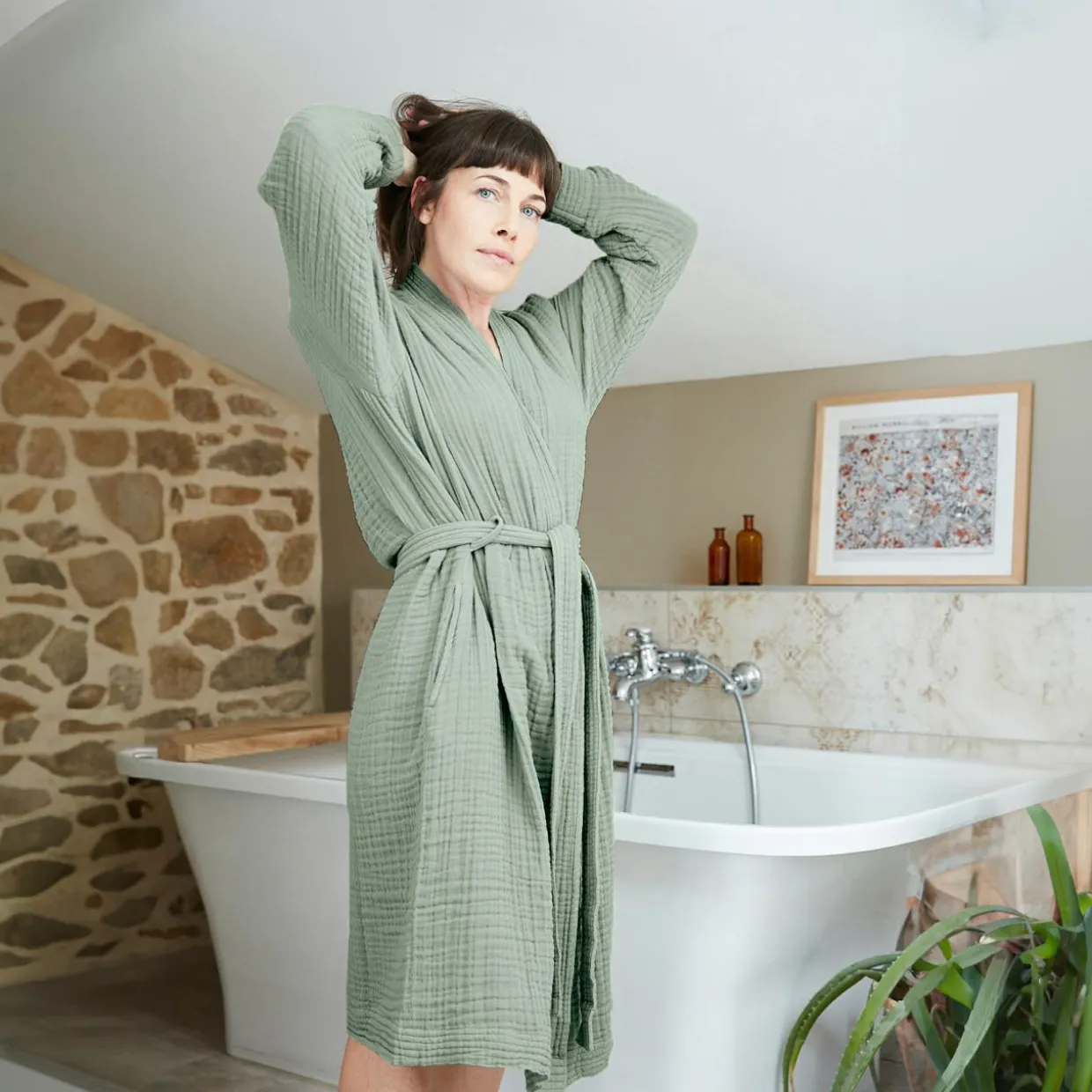 Peignoir de bain gaze de coton S/M Gaïa Vert eucalyptus