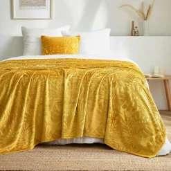 Plaid doux flanelle (180 x 230 cm) Flore Jaune moutarde