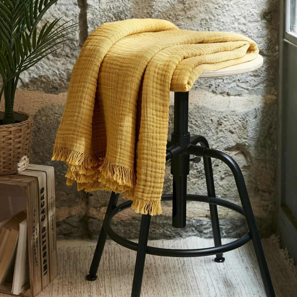 Plaid gaze de coton (130 x 160 cm) Gaïa Jaune safran
