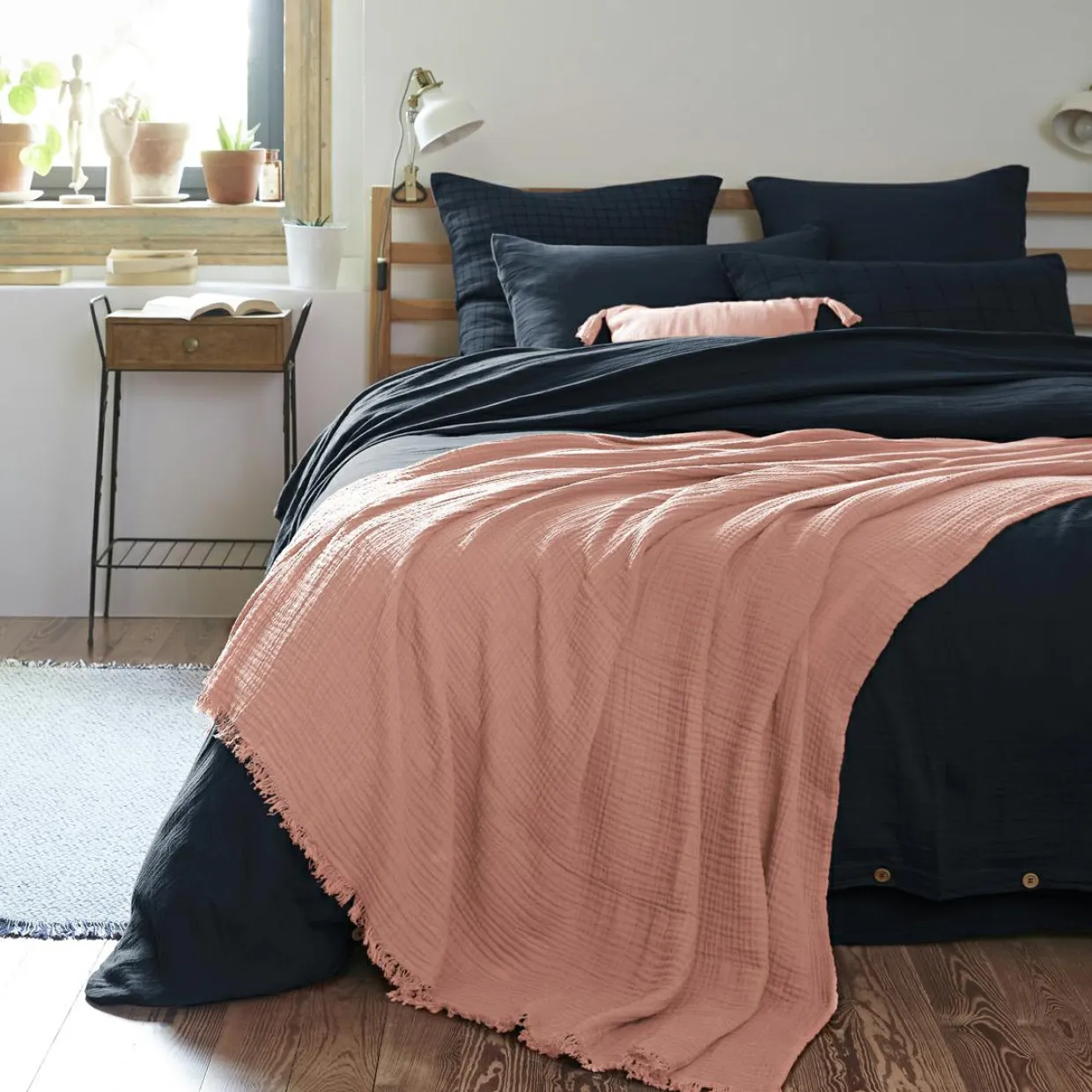 Plaid gaze de coton (180 x 220 cm) Gaïa Rose pêche