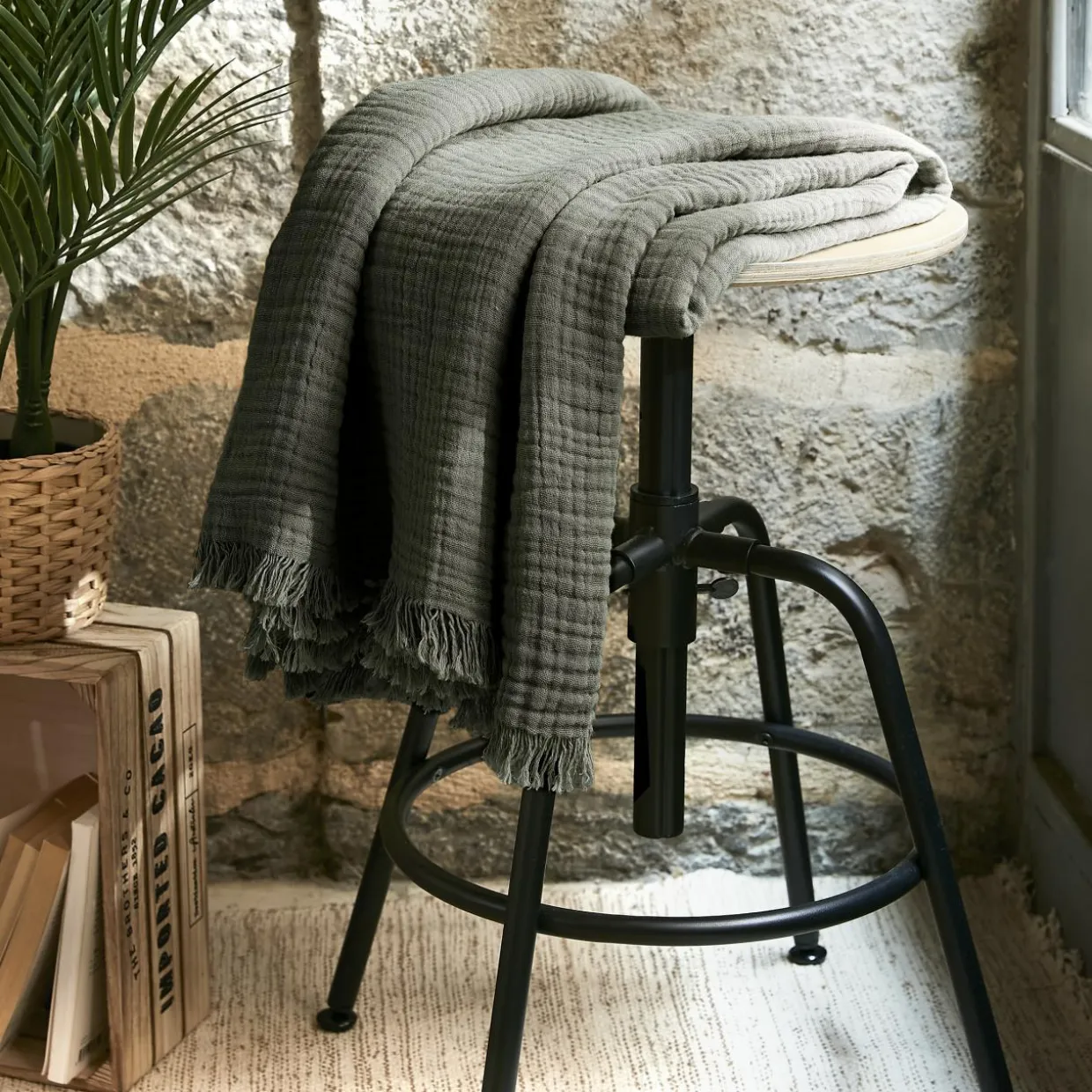 Plaid gaze de coton (130 x 160 cm) Gaïa Vert romarin