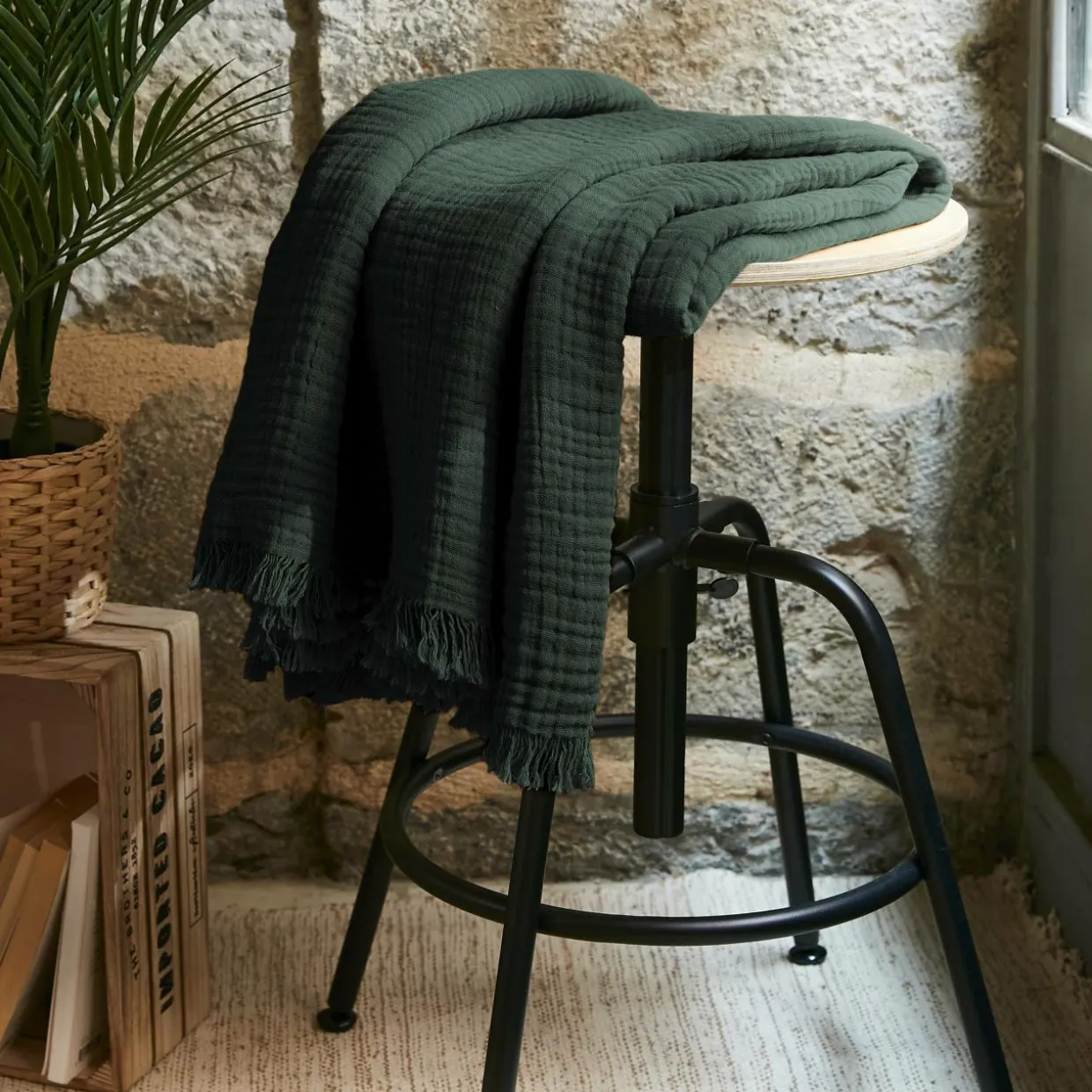 Plaid gaze de coton (130 x 160 cm) Gaïa Vert sapin