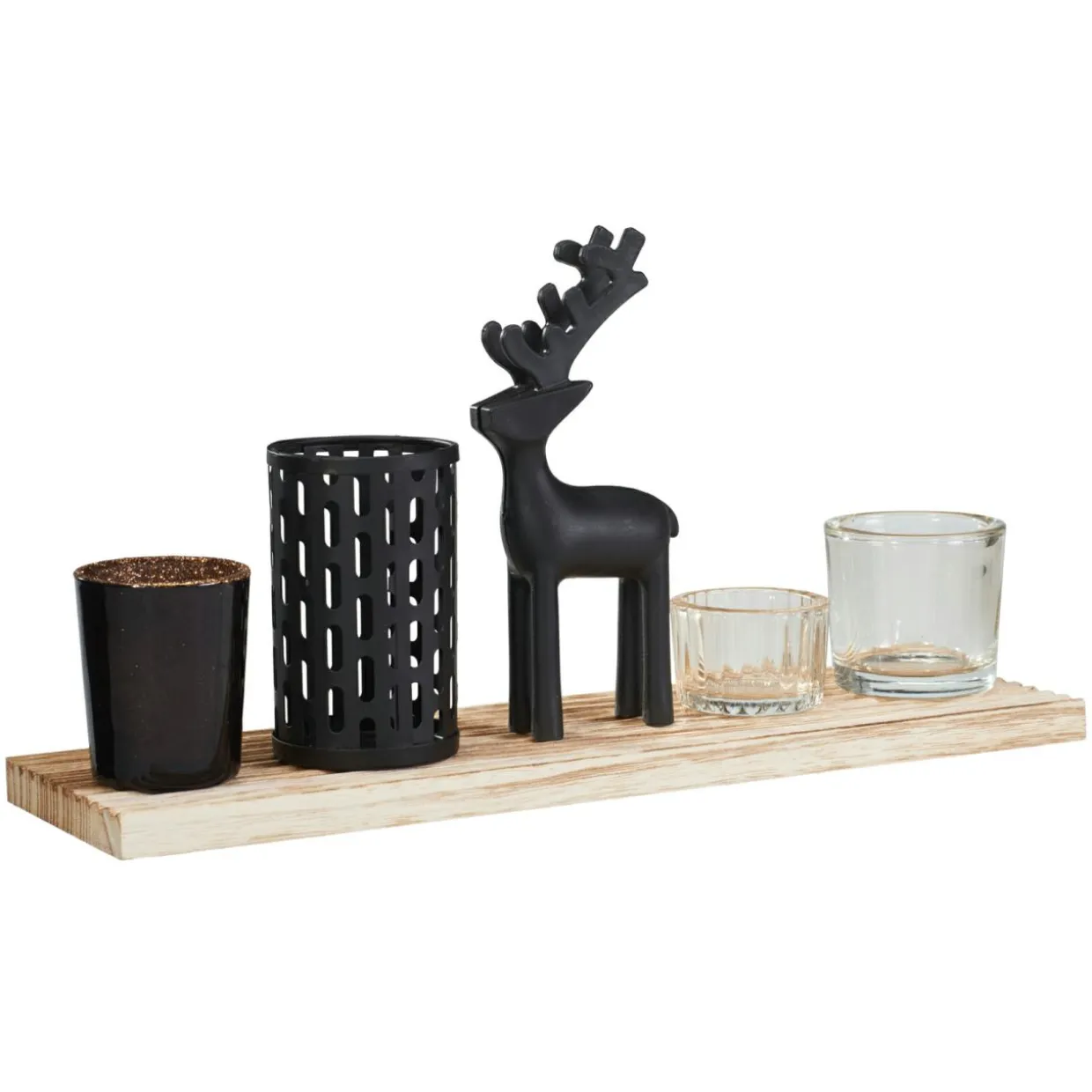 Plateau décoratif 4 photophores Magie de Noël Bois et noir