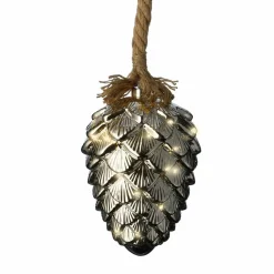 Pomme de pin lumineuse à piles 15 LED (H21 cm) Argent et Blanc chaud