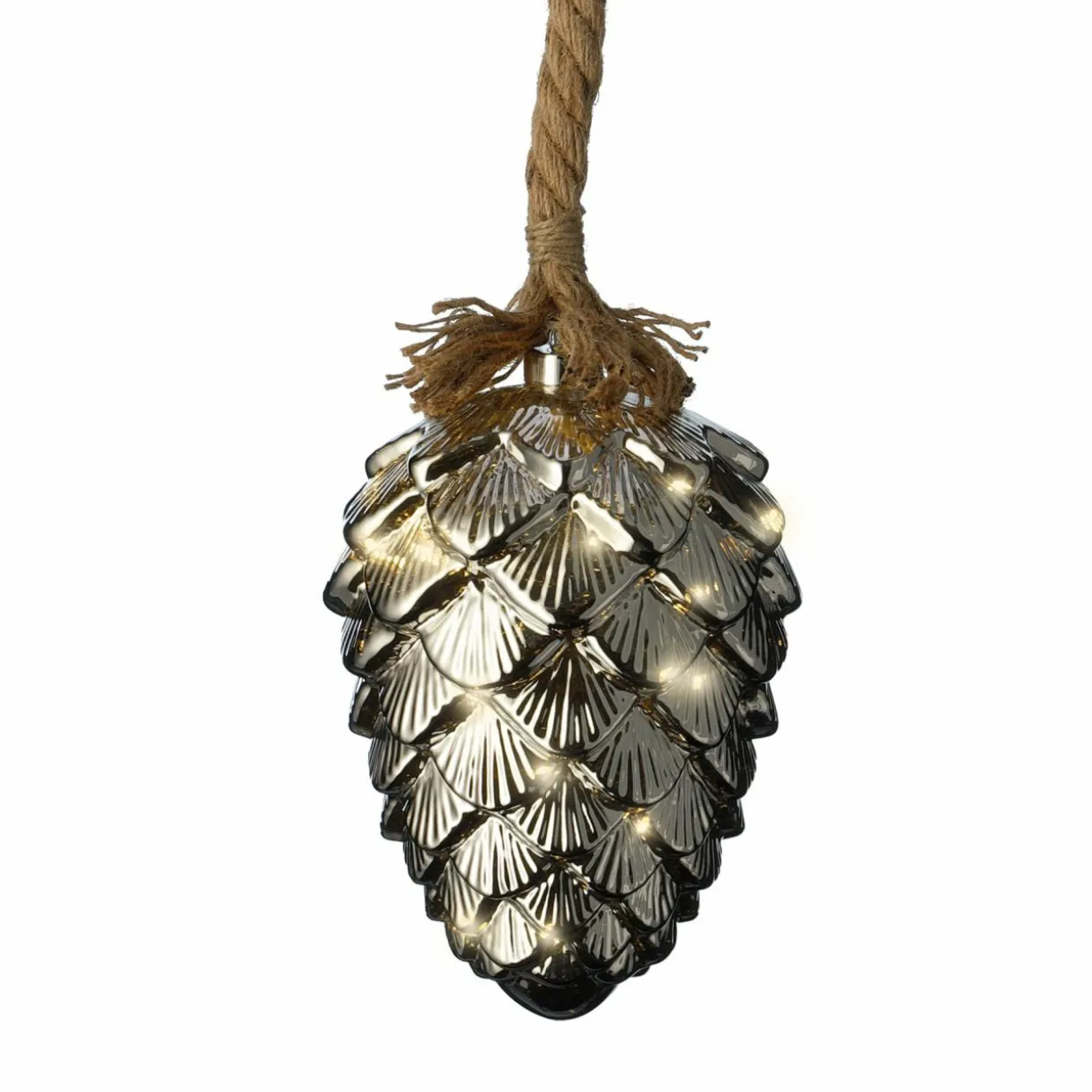 Pomme de pin lumineuse à piles 15 LED (H21 cm) Argent et Blanc chaud