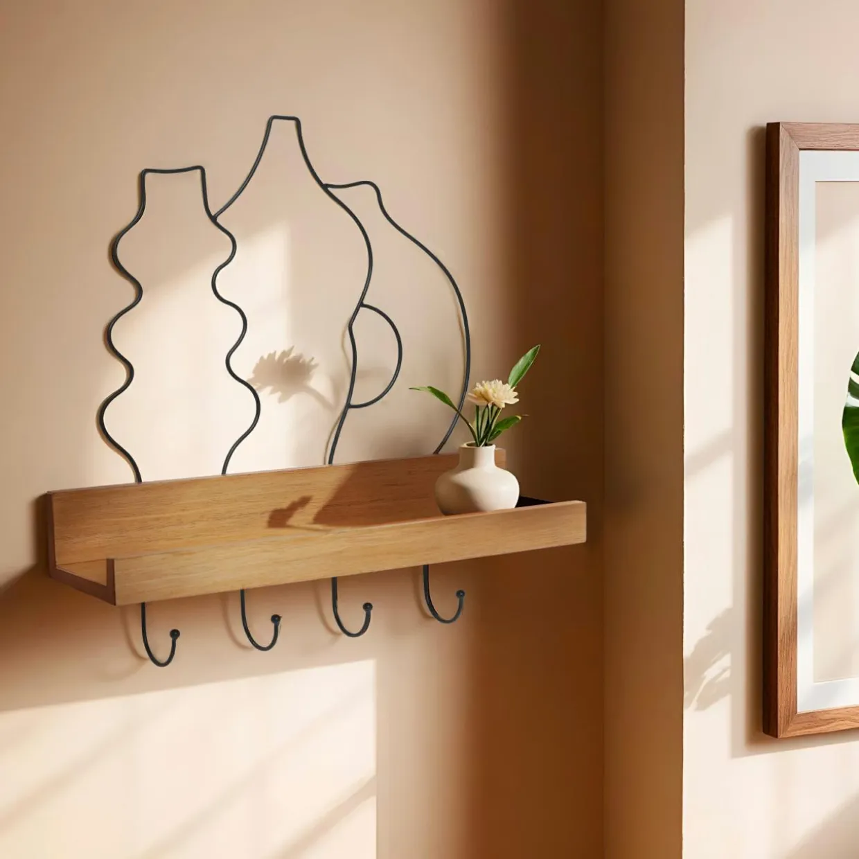 Porte-clé mural avec étagère en bois (42 cm) Design Noir et naturel