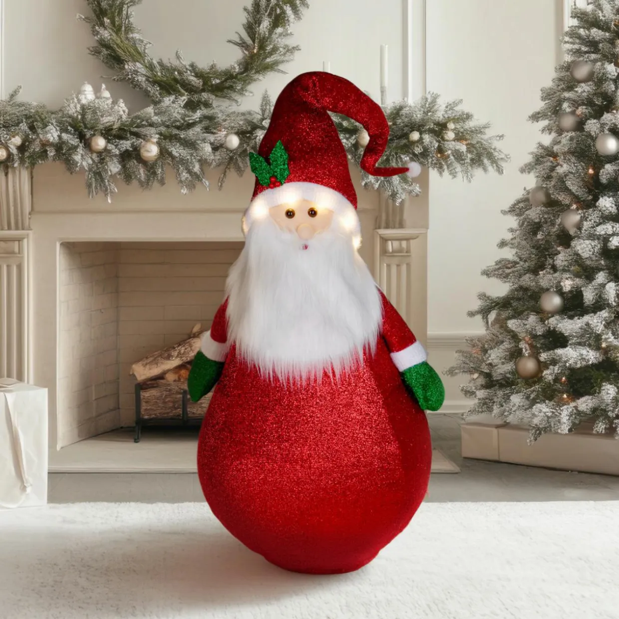 Père Noël lumineux à piles (H120 cm) Pliable Rouge pailleté