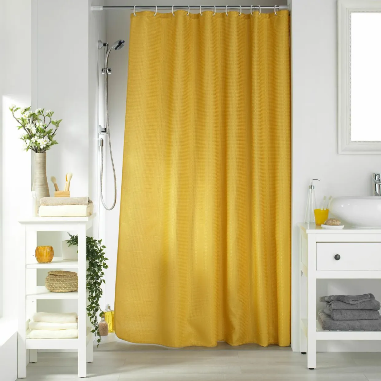 Rideau de douche effet tissé à anneaux (180 x 200 cm) Quartz Jaune miel