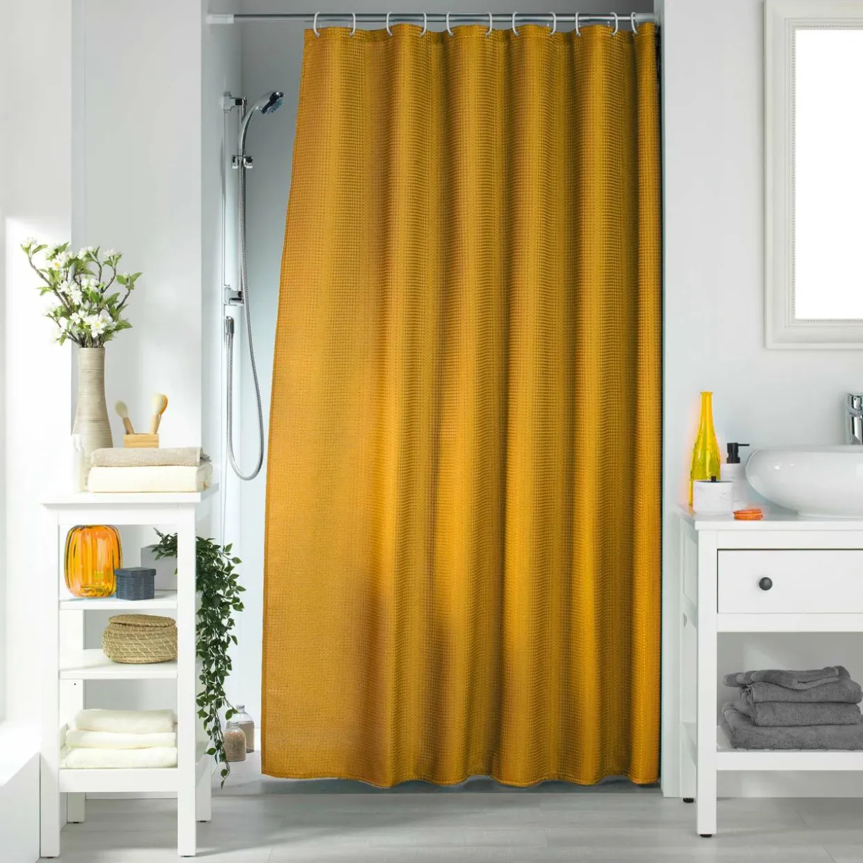 Rideau de douche effet tissé à anneaux (180 x 200 cm) Quartz Jaune ocre