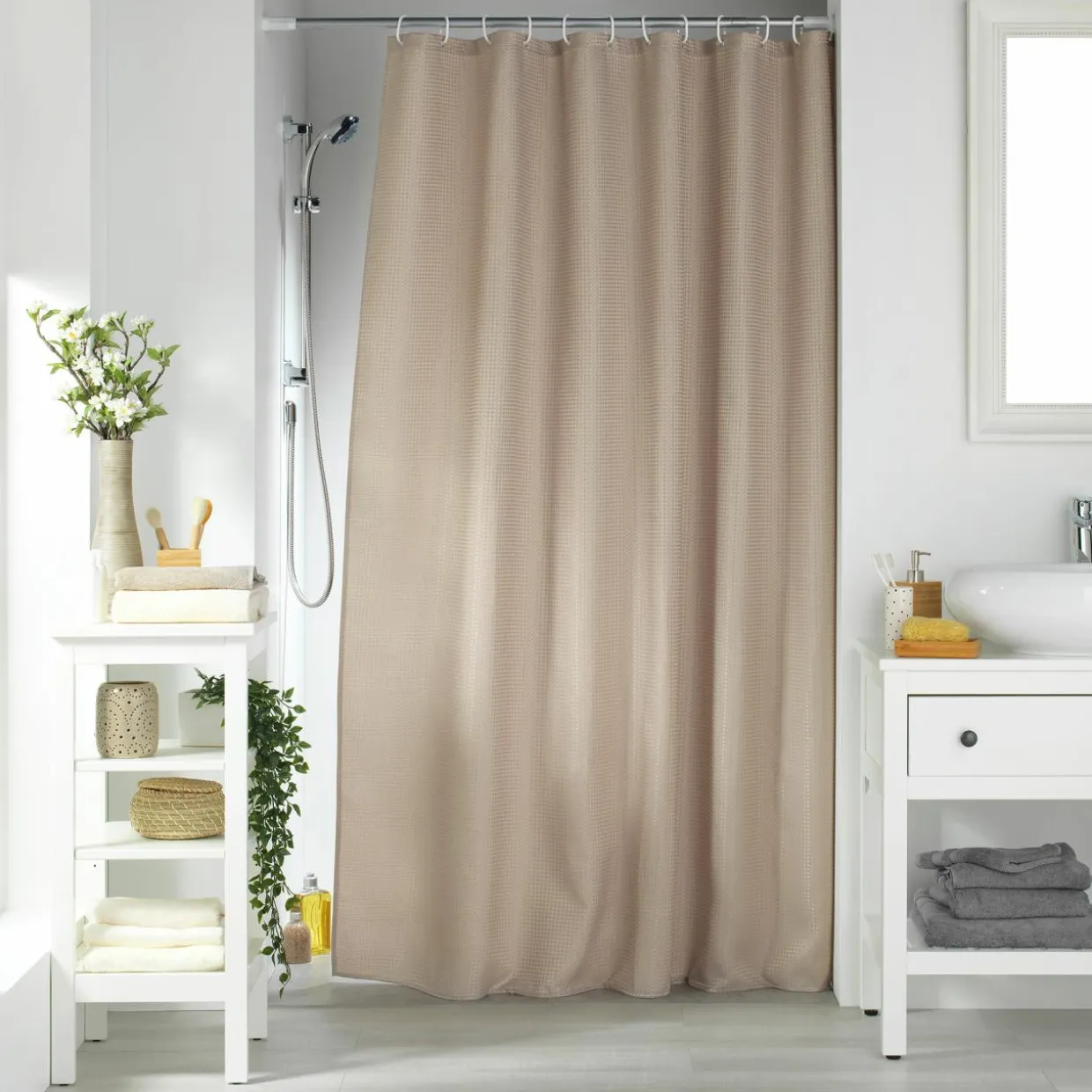 Rideau de douche effet tissé à anneaux (180 x 200 cm) Quartz Taupe