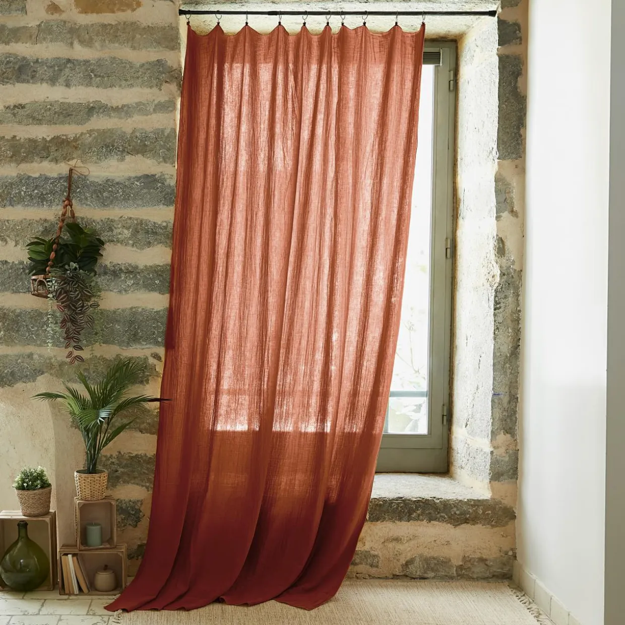 Rideau gaze de coton ajustable (140 x max 300 cm) Gaïa Terracotta