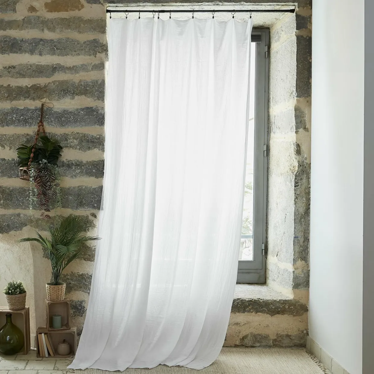 Rideau gaze de coton ajustable (180 x max 300 cm) Gaïa Blanc chantilly