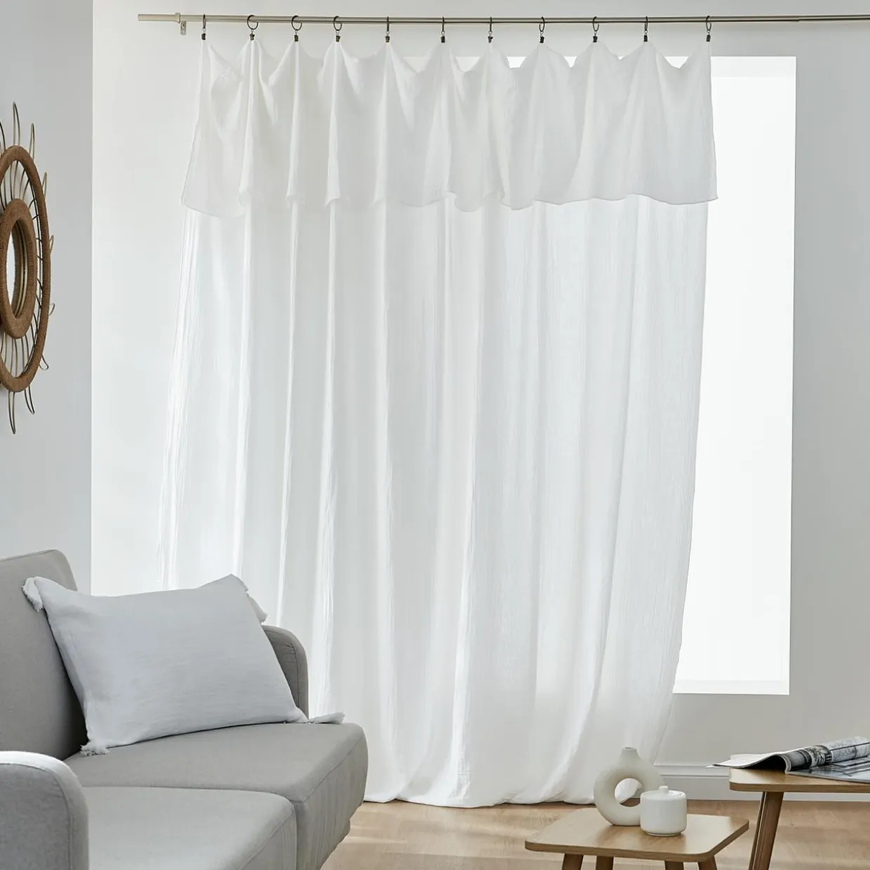 Rideau gaze de coton ajustable (280 x max 300 cm) Gaïa Blanc chantilly
