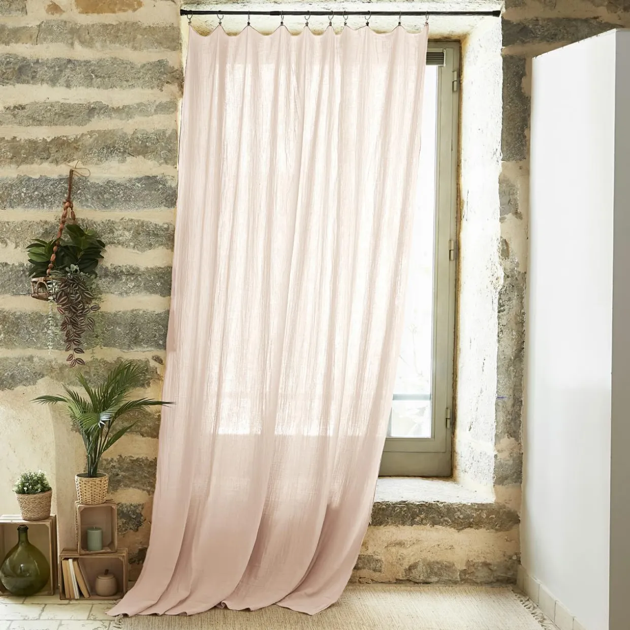 Rideau gaze de coton ajustable (180 x max 300 cm) Gaïa Rose poudré