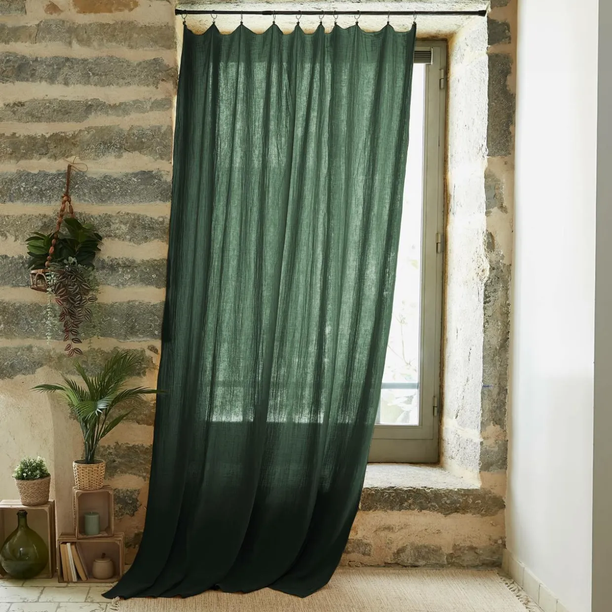 Rideau gaze de coton ajustable (140 x 300 cm) Gaïa Vert sapin