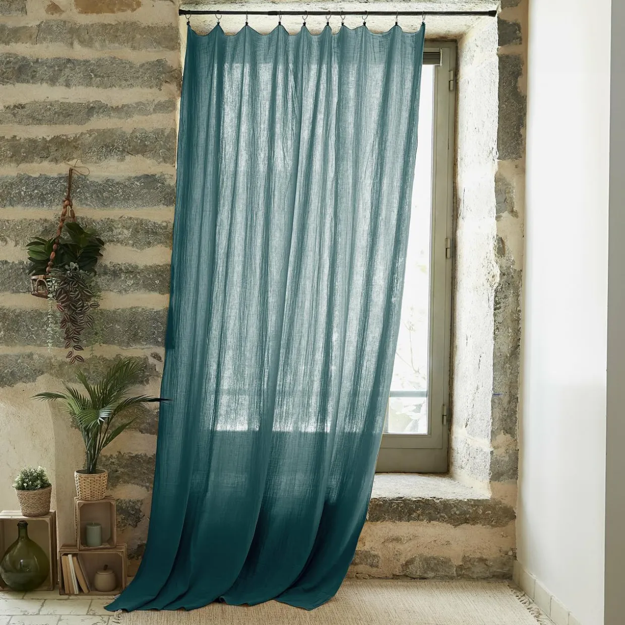 Rideau gaze de coton ajustable (180 x max 300 cm) Gaïa Bleu canard