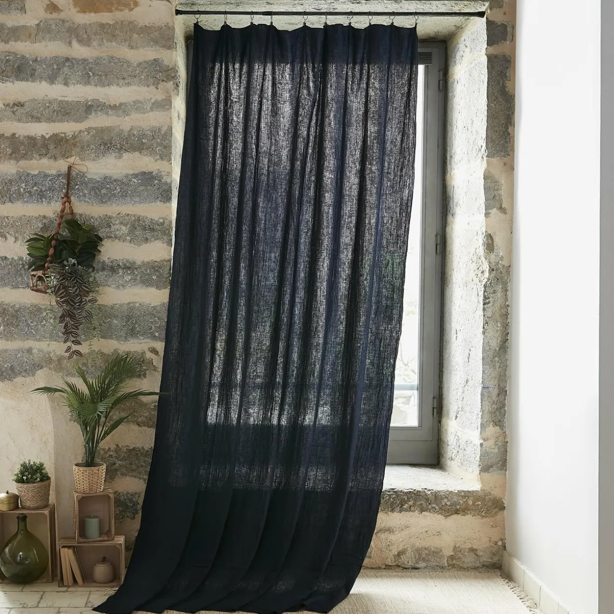 Rideau gaze de coton ajustable (180 x max 300 cm) Gaïa Bleu nuit