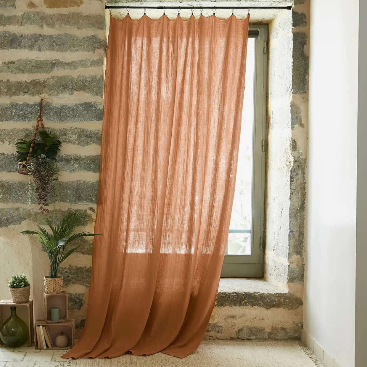 Rideau gaze de coton ajustable (180 x max 300 cm) Gaïa Abricot