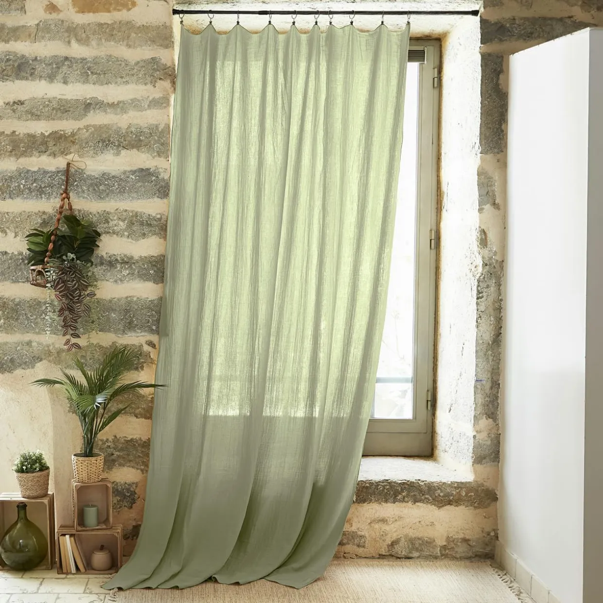 Rideau gaze de coton ajustable (180 x max 300 cm) Gaïa Vert tilleul