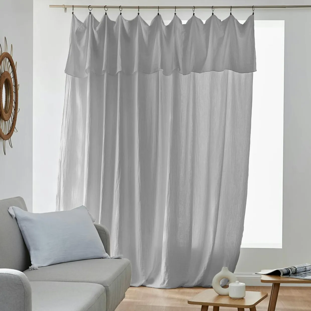 Rideau gaze de coton ajustable (280 x max 300 cm) Gaïa Gris nuage