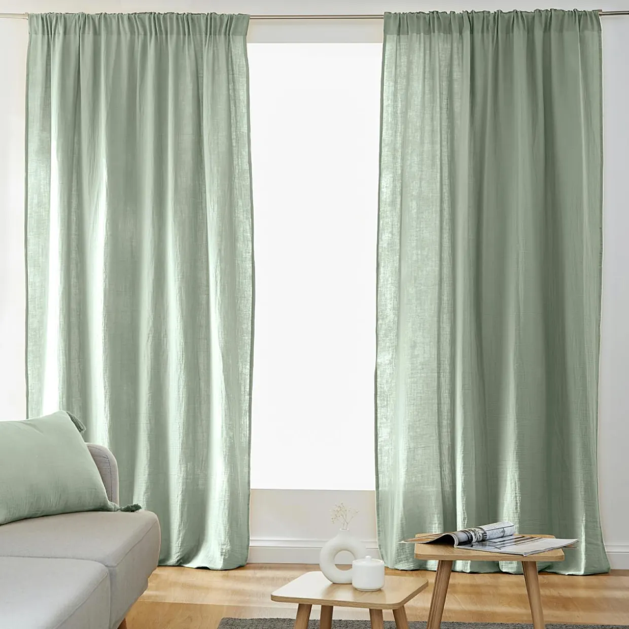 Rideau gaze de coton galon fronceur (180 x 240 cm) Gaïa Vert eucalyptus