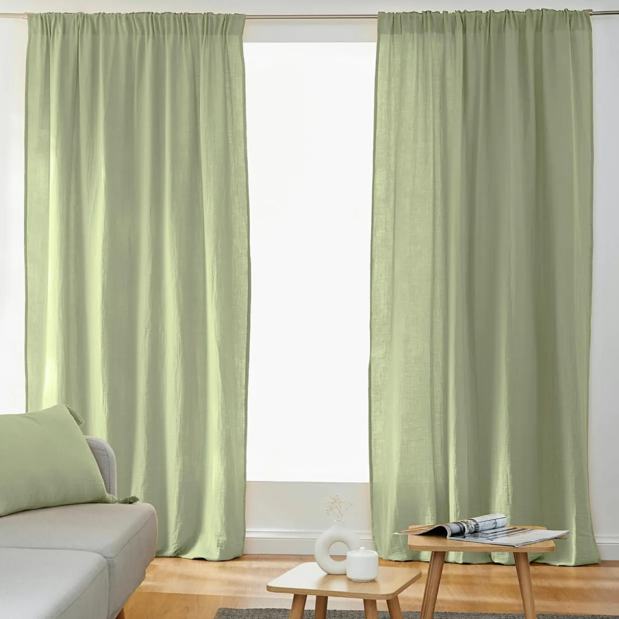 Rideau gaze de coton galon fronceur (180 x 240 cm) Gaïa Vert tilleul