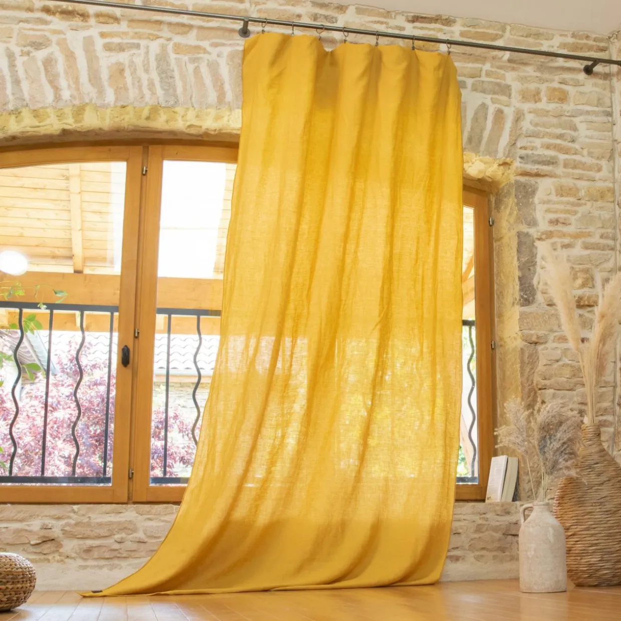 Rideau lin lavé ajustable (140 x max 270 cm) Louise Jaune moutarde