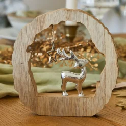 Rondin en bois (H14 cm) Renne et étoile Bois blond