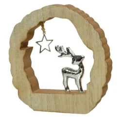 Rondin en bois (H14 cm) Renne et étoile Bois blond