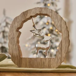 Rondin en bois (H14 cm) Renne et étoile Bois blond