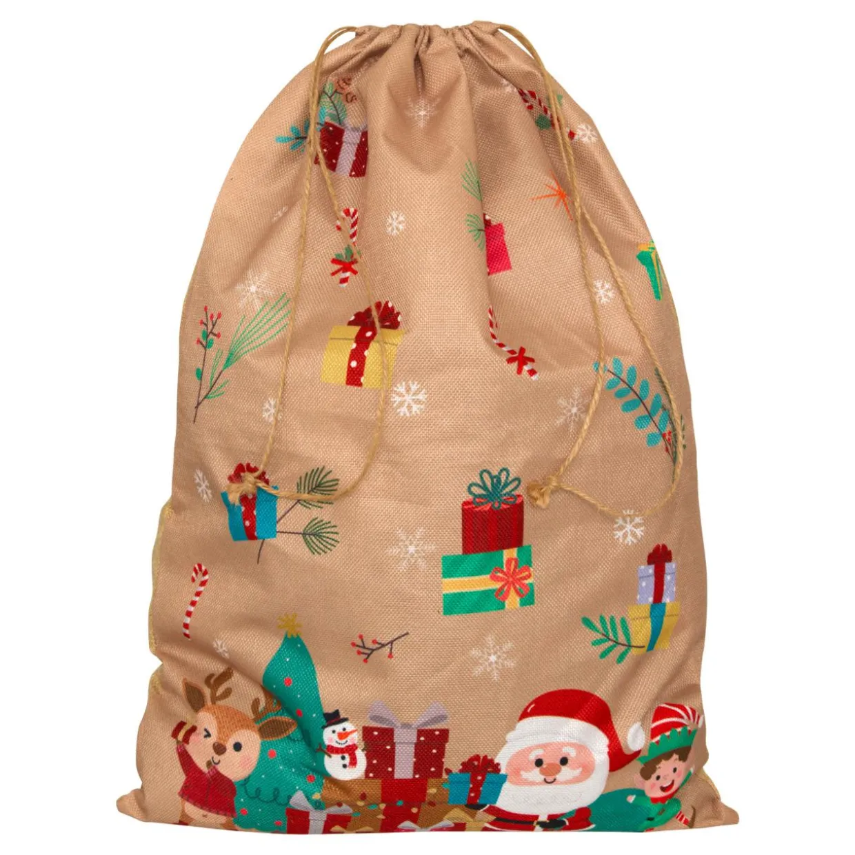 Sac cadeau en jute (H70 cm) Lutin et Père Noël Beige
