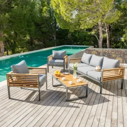 Salon de jardin aluminium et bois teck 5 places Bali Gris anthracite et ardoise