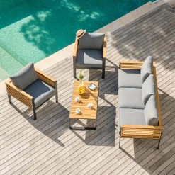 Salon de jardin aluminium et bois teck 5 places Bali Gris anthracite et ardoise