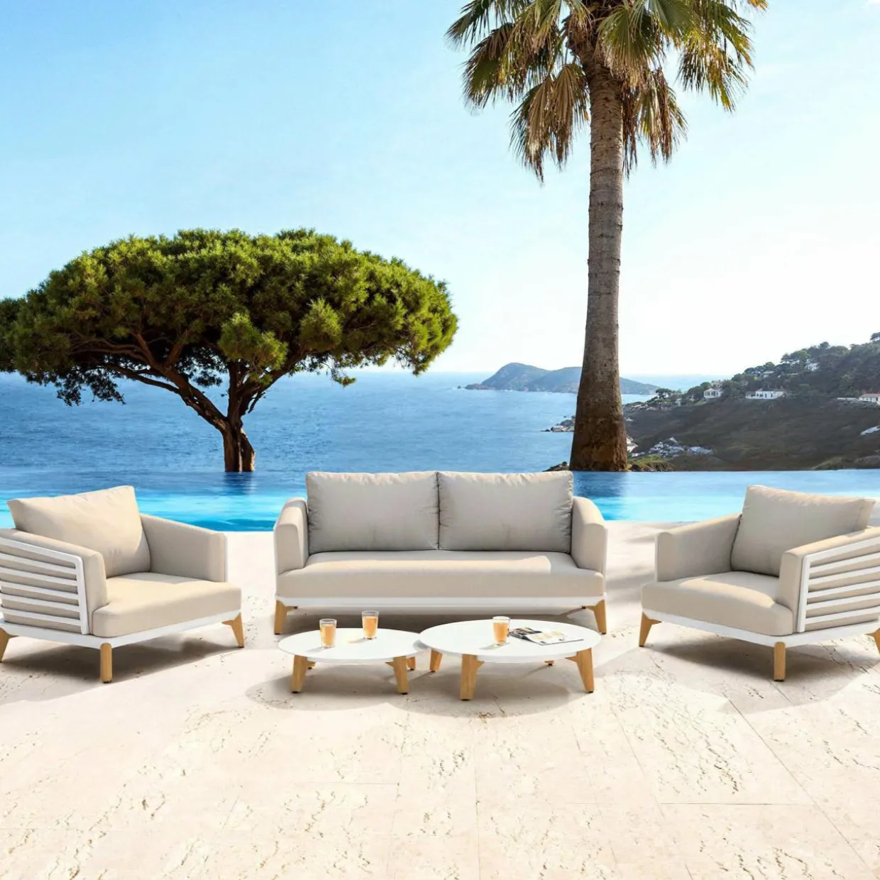 Salon de jardin aluminium 4 places 5 pcs Monte Carlo Blanc et taupe
