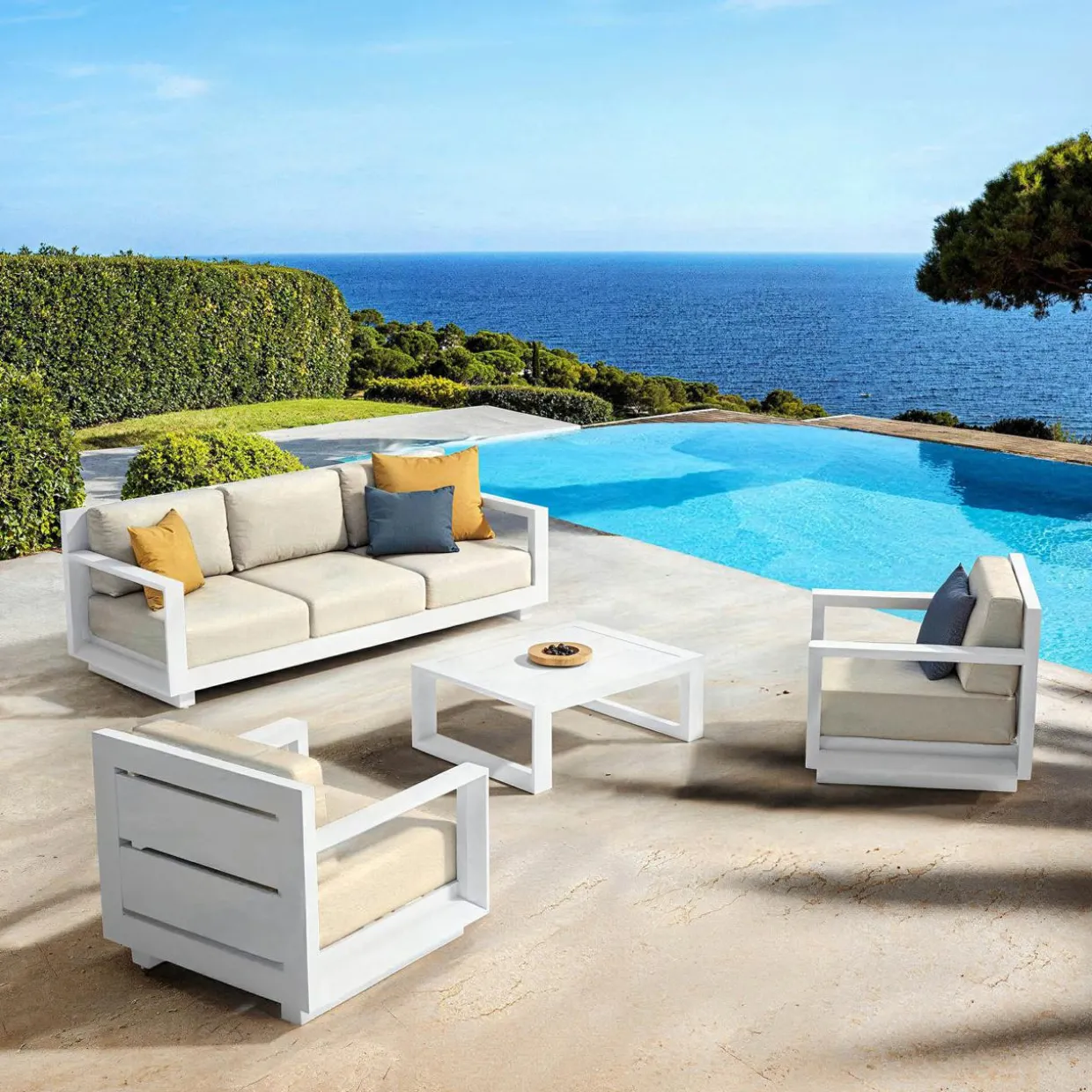 Salon de jardin aluminium 5 places 4 pcs Elba Blanc et beige