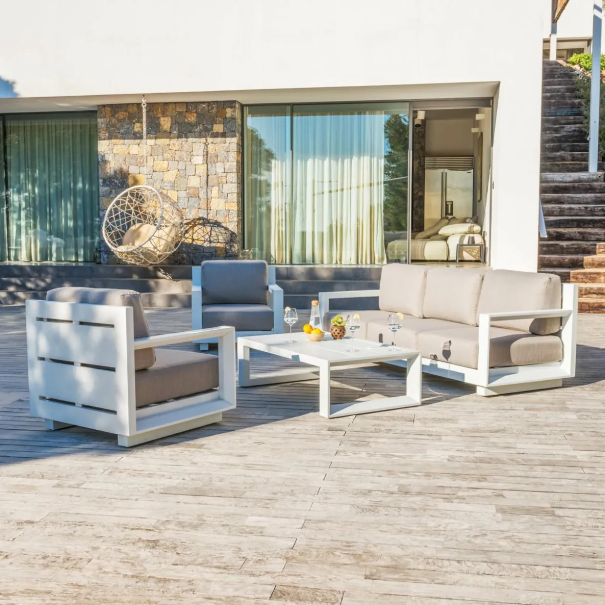 Salon de jardin aluminium 5 places 4 pcs Elba Blanc et taupe