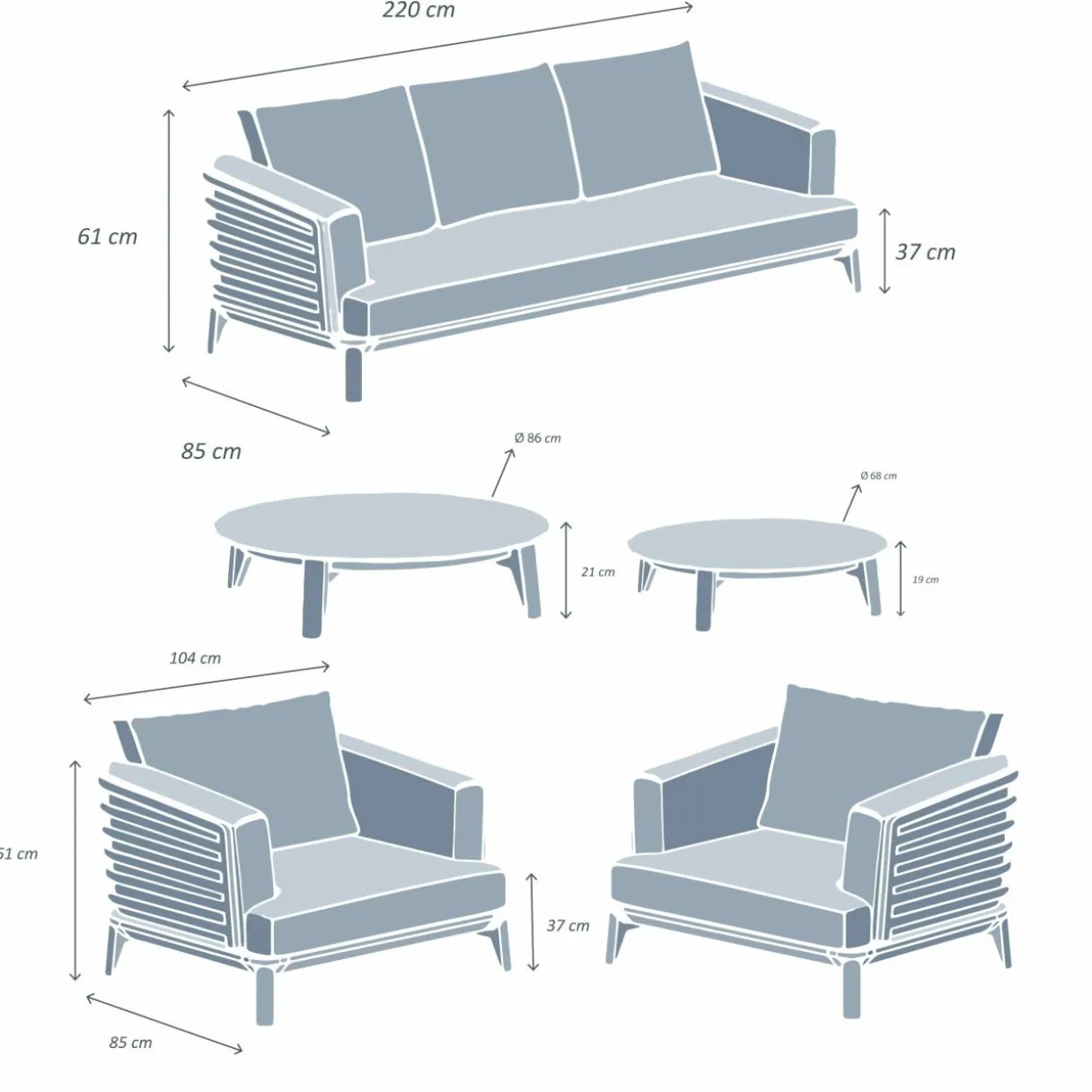 Salon de jardin aluminium 5 places 5 pcs Monte Carlo Gris anthracite et gris clair