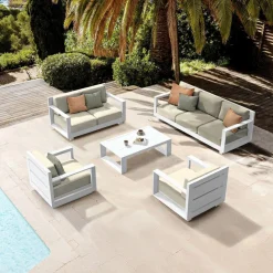 Salon de jardin aluminium 7 places 5 pcs Elba Blanc et beige