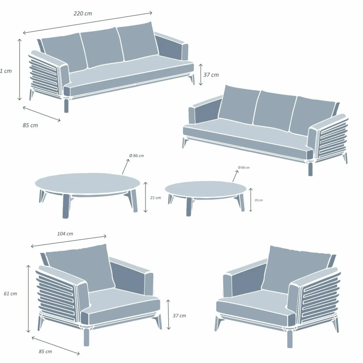 Salon de jardin aluminium 8 places 6 pcs Monte Carlo Gris anthracite et gris clair