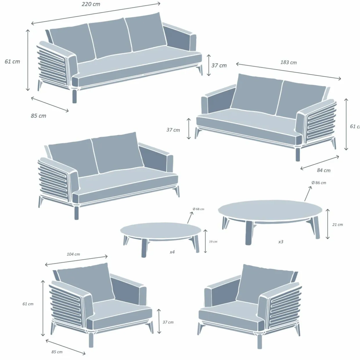 Salon de jardin aluminium 9 places 12 pcs Monte Carlo Blanc et gris clair